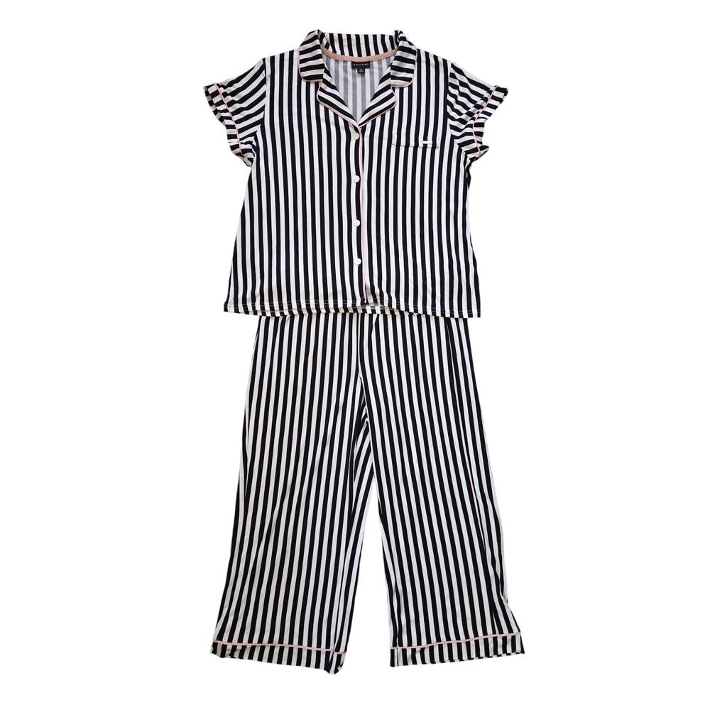 Tahari Women's Large Black & White Striped Pajama Set Capri Sleep Comfort